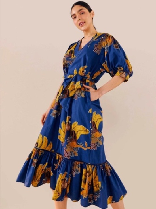 FARM Rio Dresses & Skirts - RARE FARM RIO Blue Floral Bananas 🍌 & Mermaids🧜🏼‍♀️ Midi Dress SIZE SMALL